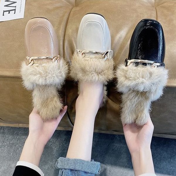 

women shoes luxury slippers winter mules fluffy ladies ladies pu leather square toe chunky heels fashion shoes pumps warm plush x1020, Black