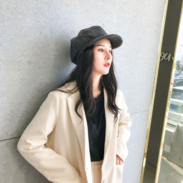 

stingy brim hats women retro art octagonal hat autumn winter comfortable casual plaid artist british style berets woolen woman, Blue;gray