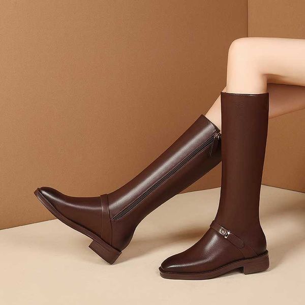 

women fashion solid genuine leather knee high boots night club shoes woman square heels female silm long riding boots, Black