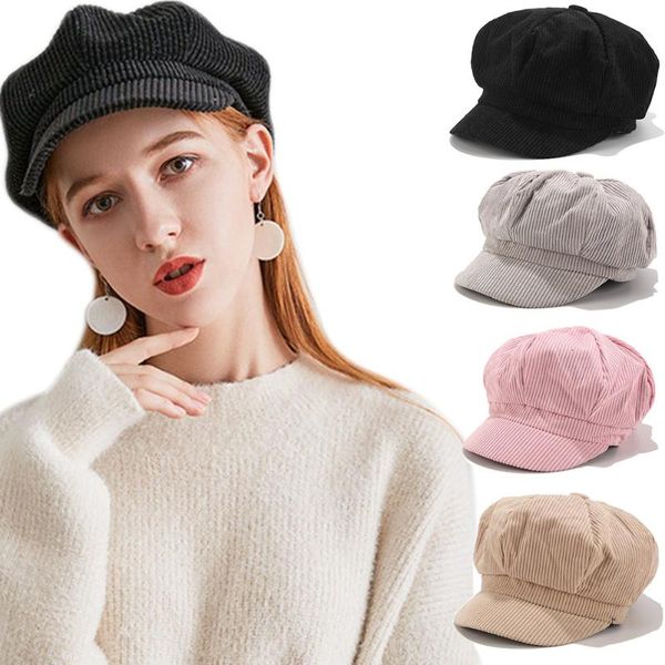 

new arrival women corduroy octagonal hat retro beret soft winter autumn visor cap, Blue;gray