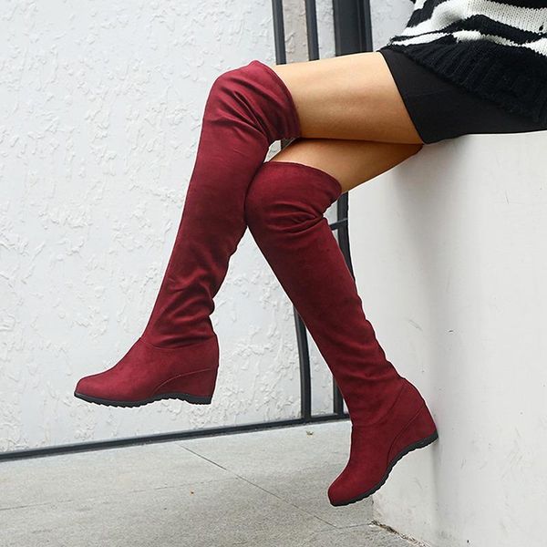 

women boots wedges flock fahion 7cm height over the knee slip on solid color winter female shoes, Black