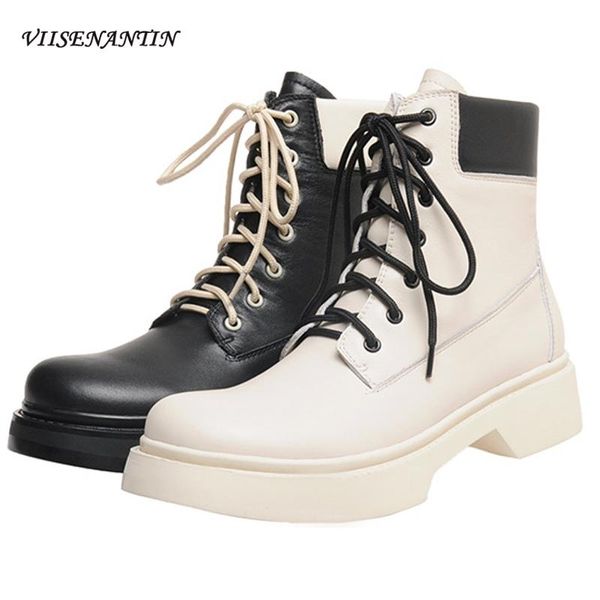 

thick sole thick heel lace-up autumn and winter new round toe mid-heel handsome black short motorcycle boots white shoes women