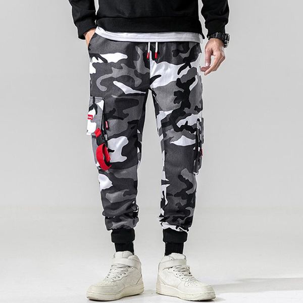 

vogue camouflage hip hop pants men casual printed pockets outdoors sports overalls loose cargo pants men trousers, Black