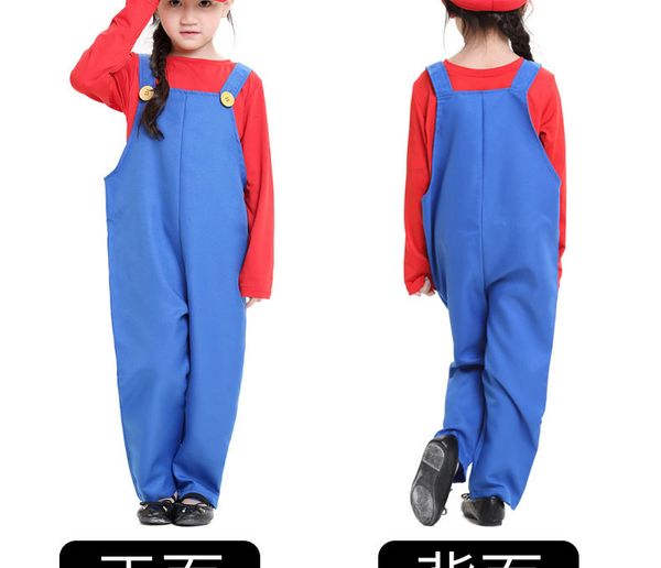 

2018 new halloween mario and luigi brothers role playing plumber bib suit five-pieces for childern, Black;red