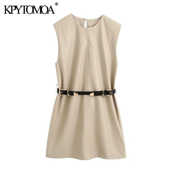 

kpytomoa women 2020 fashion with belt faux leather mini dress vintage shoulder pads sleeveless female dresses vestidos mujer, Black;gray