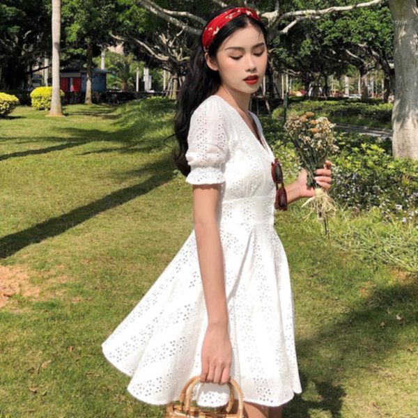 

casual dresses v neck fairy high waist french fashion summer embroidery women dress playful short sleeve solid with row of buttons casu, Black;gray
