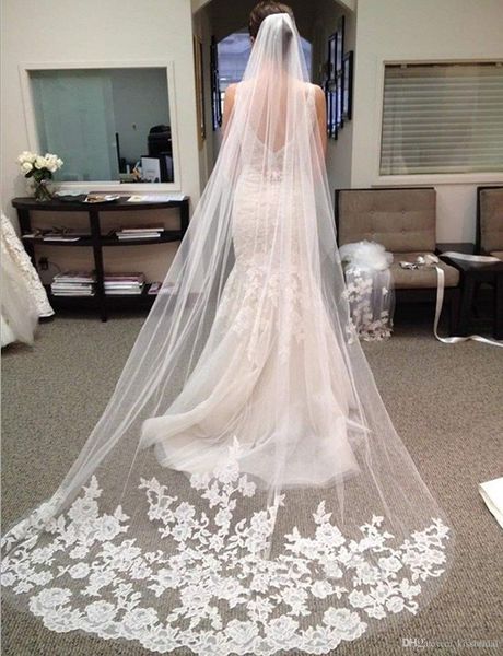 

selling 3 meter long chapel length bridal veil appliques veu de noiva longo wedding veil vintage lace purfle with comb, Black
