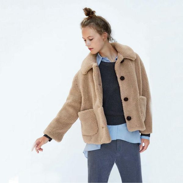

women's fur & faux autumn winter women lamb coat fashion warm casual with pocket turn-down collar all-matched female coat1, Black