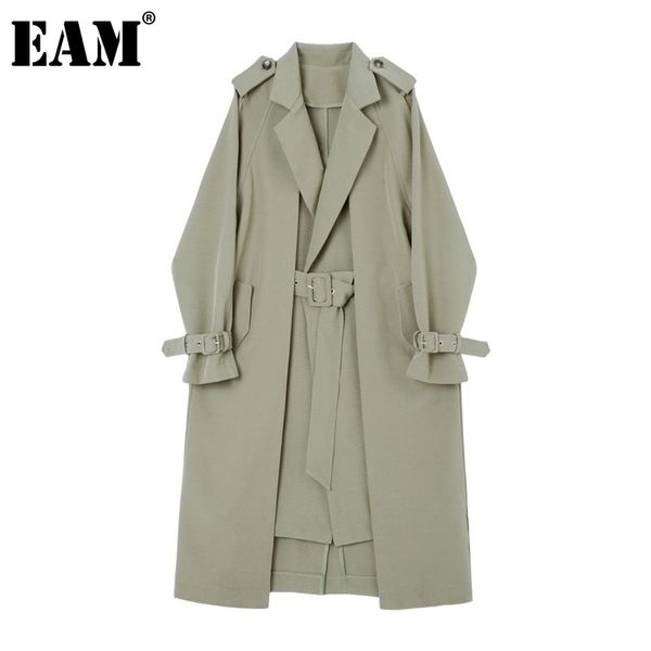

[eam] women green bandage big size long trench new lapel long sleeve loose fit windbreaker fashion spring autumn 1da408 201029, Tan;black