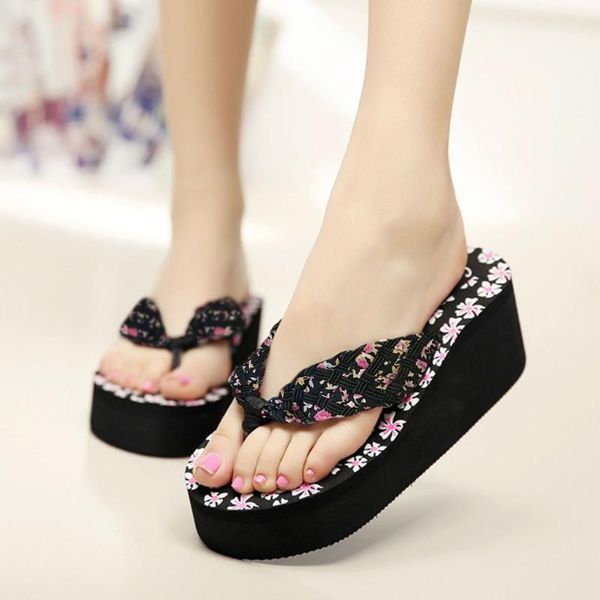 

2020 women shoes slipper summer bohemia floral beach sandals wedge platform female slippers flip flops shoes slippers for women1, Black