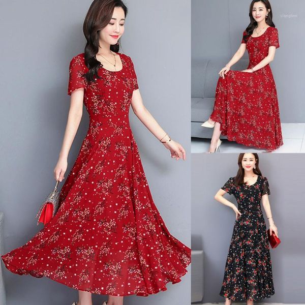

women dress casual party evening o neck high waist dresses elegant ladies floral women's a-line vestidos party sundress1, Black;gray