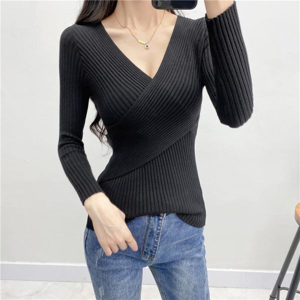 

lucyever v neck women sweater autumn pullover elastic cross knitted jumper long sleeve casual fashion slim soft black 1, White;black