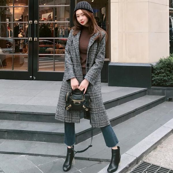 

2019 spring autumn women's wool plaid coat new fashion long woolen coat slim type female winter wool jackets female outw1, Black