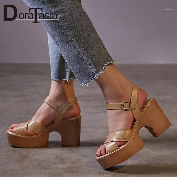 

doratasia concise female genuine leather sandals cool dress platform sandals women fashion high block heels shoes woman1, Black