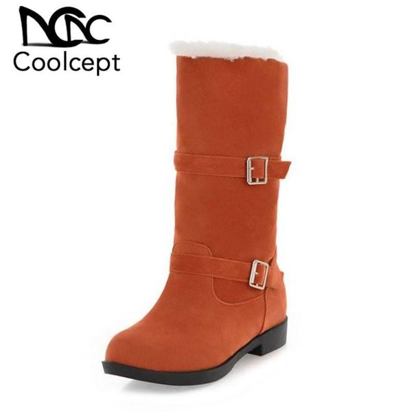 

coolcept half short snow boots for women keep warm plush fur winter shoes women metal buckle round toe flats boots size 34-40, Black