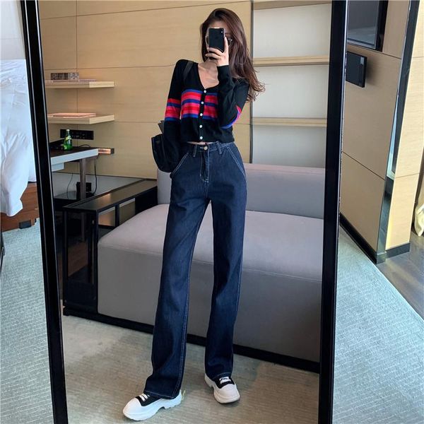 

women's jeans autumn pants retro high waist loose straight wide leg, Blue