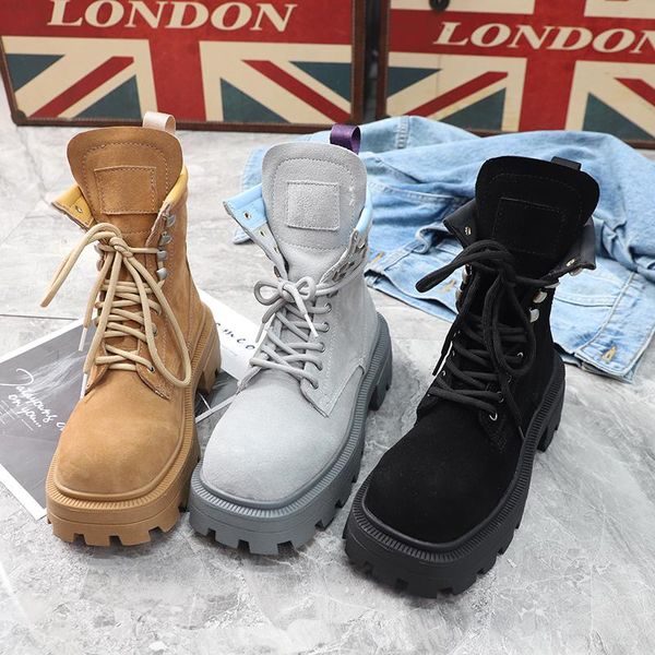 

весенние матовые натуральные кожи martin сапоги женские повседневные ботинки мода preppy стиль женские туфли платформы каблуки на шнуровке, Black