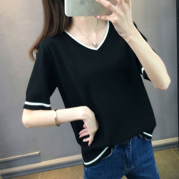 

8lmdl knitted chickenwomen 2020 new loose splicing t heart v-neck short pullovert-shirt pullover pullover pulloverwhite sleeve bottomed s, White