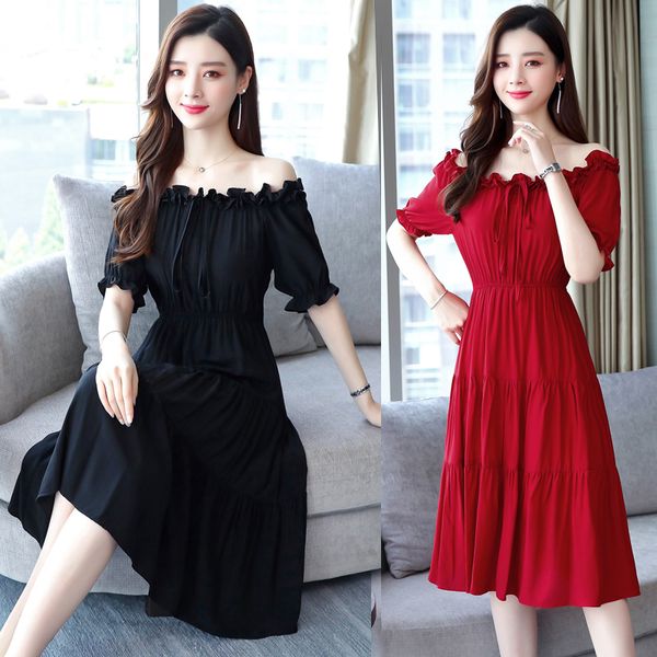 

Halter Word Shoulder Short Lantern Sleeve Knee-length A-line Chiffon Solid Color Red Black Simple Plus Size Coctail Dres 9945 party