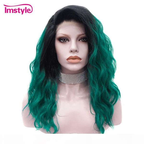 

imstyle green wig black root synthetic lace front wig natural wave wigs for women heat resistant fiber two tone cosplay