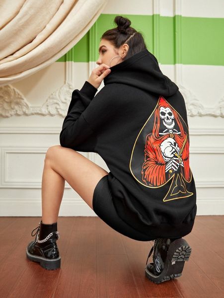 

x alterfanart playing card & skeleton print drop shoulder hoodie o8ed#, White;black