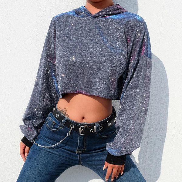 

autumn women grey silver glitter hoodies fashion long sleeve cropped hooded sweatshirts high street short, Black