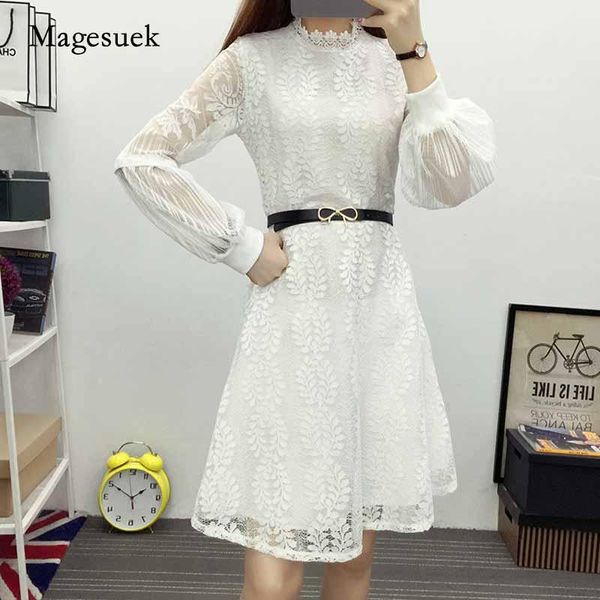 

lace stand-up collar above knee dress korean style embroidery flower lantern long sleeve stitching lace bottoming dress 12043, Black;gray