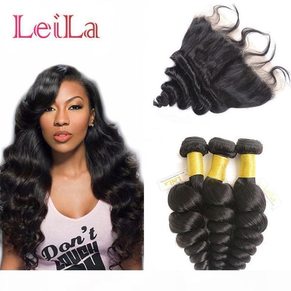 

malaysian human virgin hair extensions loose wave bundles with lace frontal 13 x 4 closure hair wefts with frontal 4 pieces lot, Black;brown