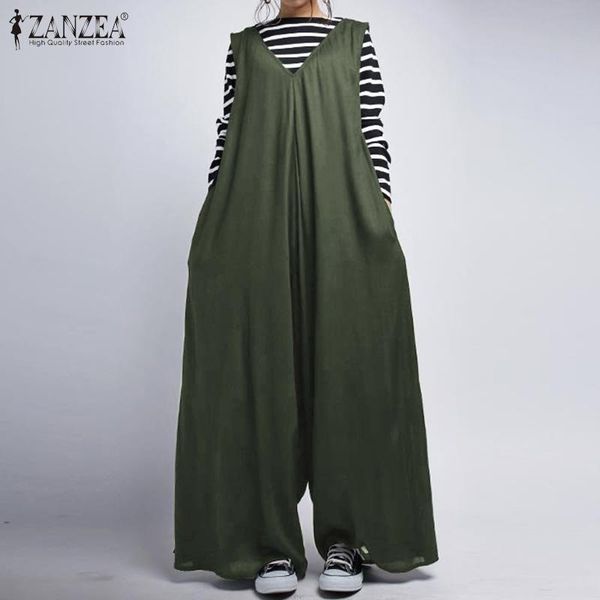 

women's jumpsuits & rompers plus size trousers summer zanzea 2021 kaftan wide leg overalls casual tank female v neck playsuits, Black;white