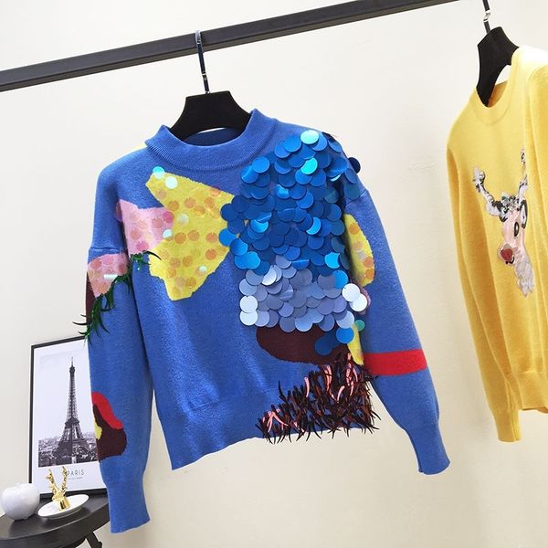 

brand spring women blue sweaters pullover runway designer luxury sequined christmas korean pull knit jumper clothes y200720, White;black