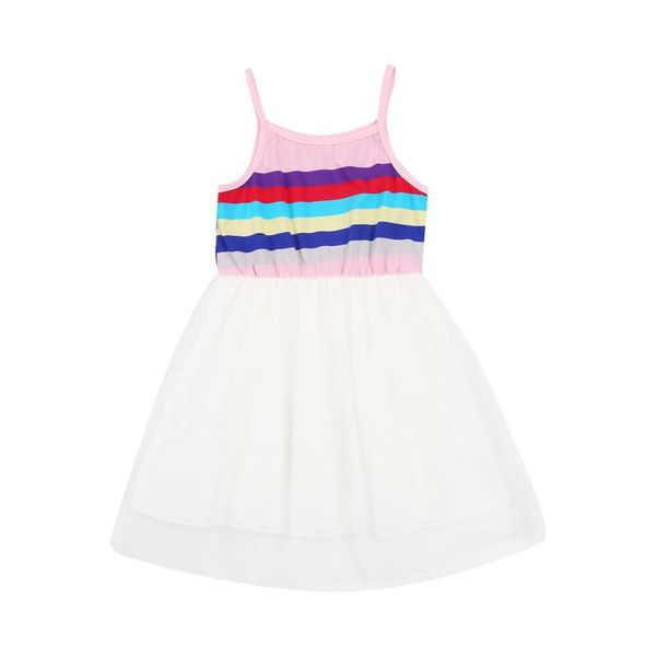 

lioraitiin 0-5years toddler baby girl summer dress sleeveless striped raibow printed lace patchwork fashion dress, Red;yellow