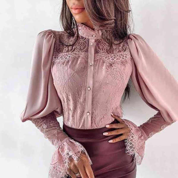 

woman blouse solid color stand collar long flared sleeve lace button down shirt chiffon blouses lady spring fashion shirt, White
