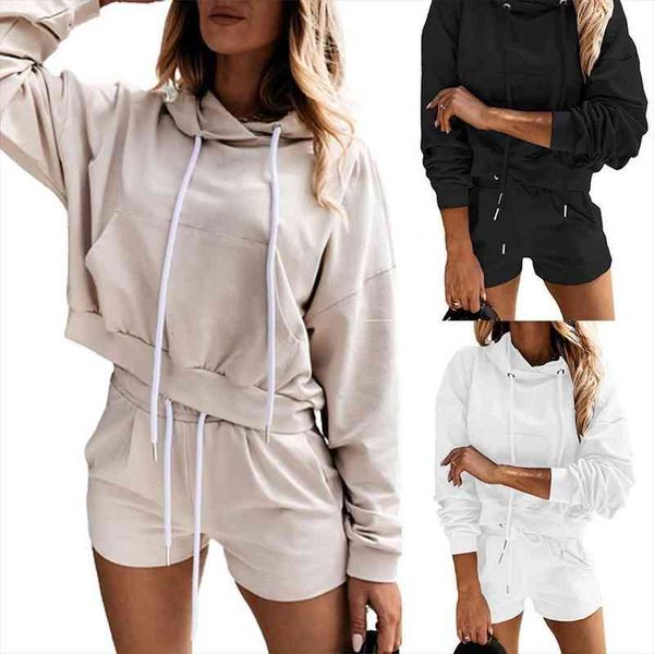 

women long sleeve hoodie sweatshirt shorts minipants solid color sports outfit, Gray