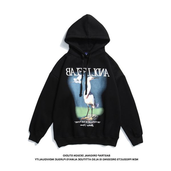 

swaggy men's wear fall / winter 2020 new hip hop egret print loose couple fashion hoodie sweater for men, Black