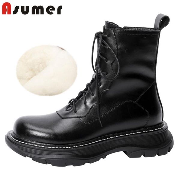 

asumer 2021 genuine leather shoes women wool snow boots round toe warm winter flat shoes casual comfortable ankle boots women, Black