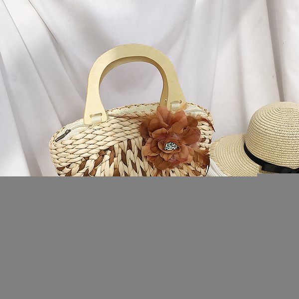 

2020 new fashion women straw wooden handle tote bag floral handbag female small hand bag hollow out beach sac a main