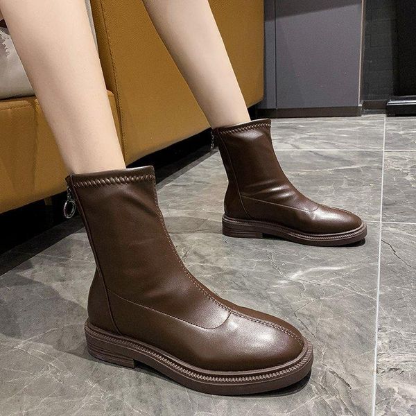 

boots women new 2021 back zip round toe shoes flat heel zipper luxury designer winter footwear ankle rubber black low rock