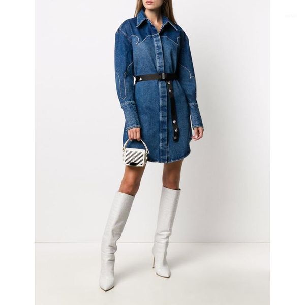 

new 11.27 autumn winter fashion embroidery washed long sleeve denim shirt dress women1, Black;gray