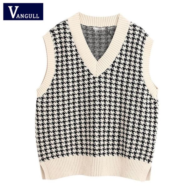 

black white plaid sweater vest women fashion knitted pullovers loose vintage female waistcoat chic loose sweater
