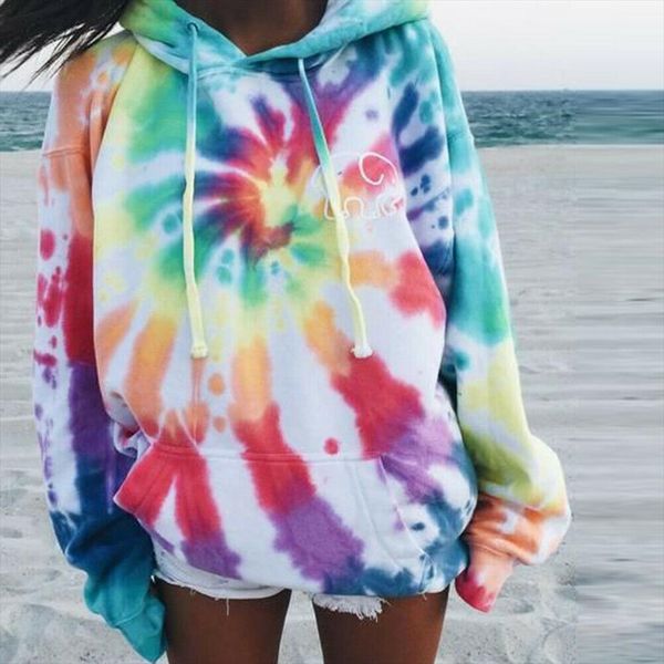 

plus size womens tie dye hooded sweatshirt ladies baggy pullover autumn long sleeve loose drawstring jumper casual hoodies, Black