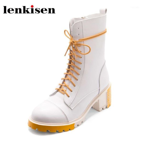 

boots lenkisen winter season arrival three colors split leather round toe high heel riding cross-tied modern ankle l251, Black