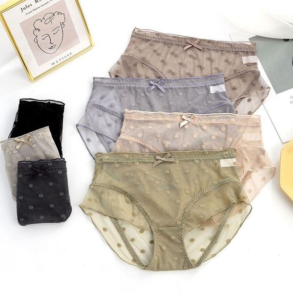 

2020 new products medium waist lace underwear female dotted ultra-thin seemless breathable gauze girl's polka dot buttock liftin1, Black;pink