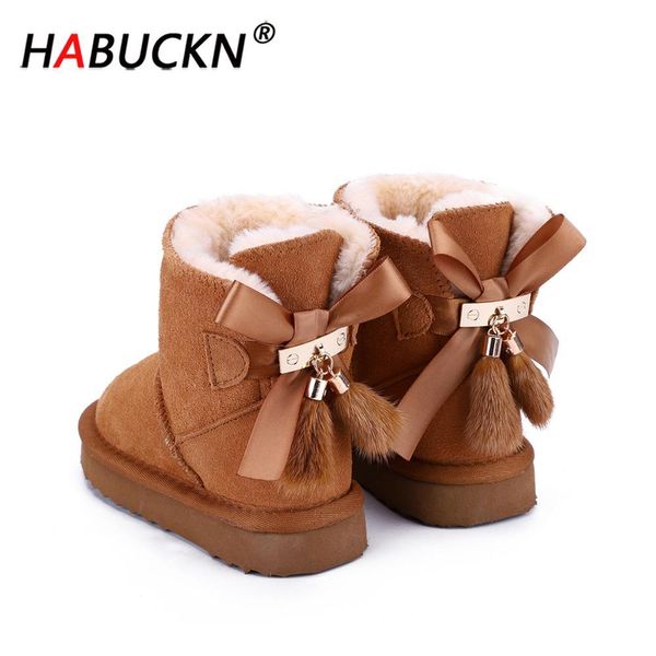

habuckn australian genuine leather fashion girls winter snow boots for children warm winter child shoes pendant tassel dusk shoe c1005, Black;grey