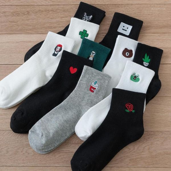 

funny socks women casual cartoon embroidered flowers bunching sock happy japanese-style harajuku skateboard socks1, Black;white