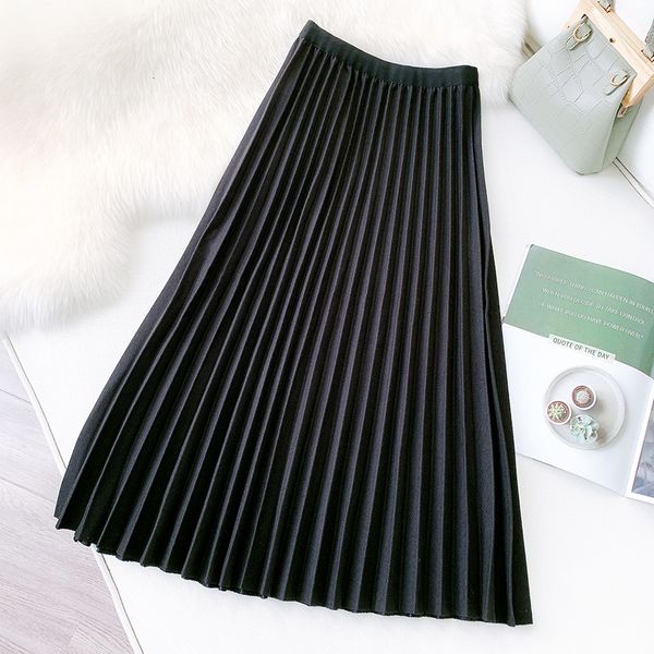 

2021 new arrived women a-line spring pleated stretch high waist long woolen skirt femme elegant jupe saia dlkk, Black