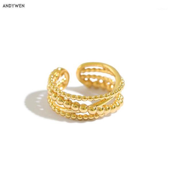 

andywen 925 sterling silver geometric irregular beads adjustable rings women fashion fine jewelry for wedding party jewelry1, Golden;silver