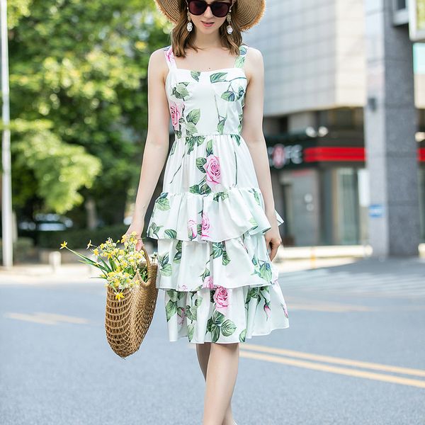 

spring/summer 2021 new strapless slingsretro imprint sling flower dress women wear hnt8, Black;gray