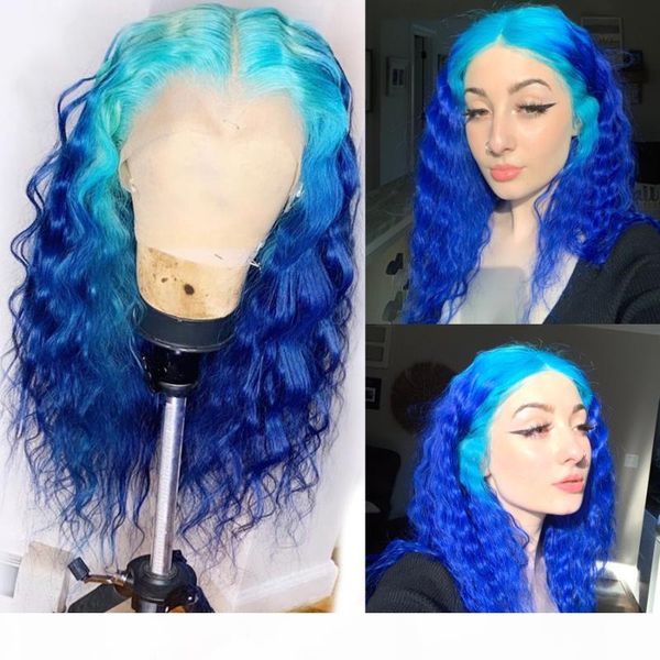 

colodo brazilian remy 13x4 lace frontal wigs deep wave ombre blue human hair wig pre plucked 150% lace front pink wigs for women, Black;brown