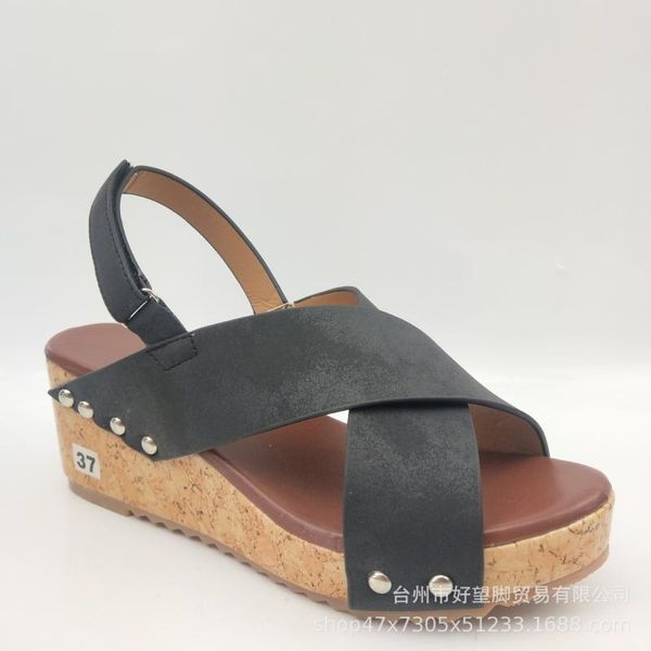 

sandals women's 2021 summer large size shoes roman style cross strap wedge single women, Black