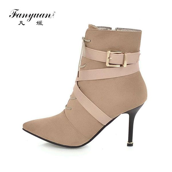 

fanyuan lace up cross-tie high heel women boots pointed toe ankle boots for women botas altas mujer winter zipper shoes, Black